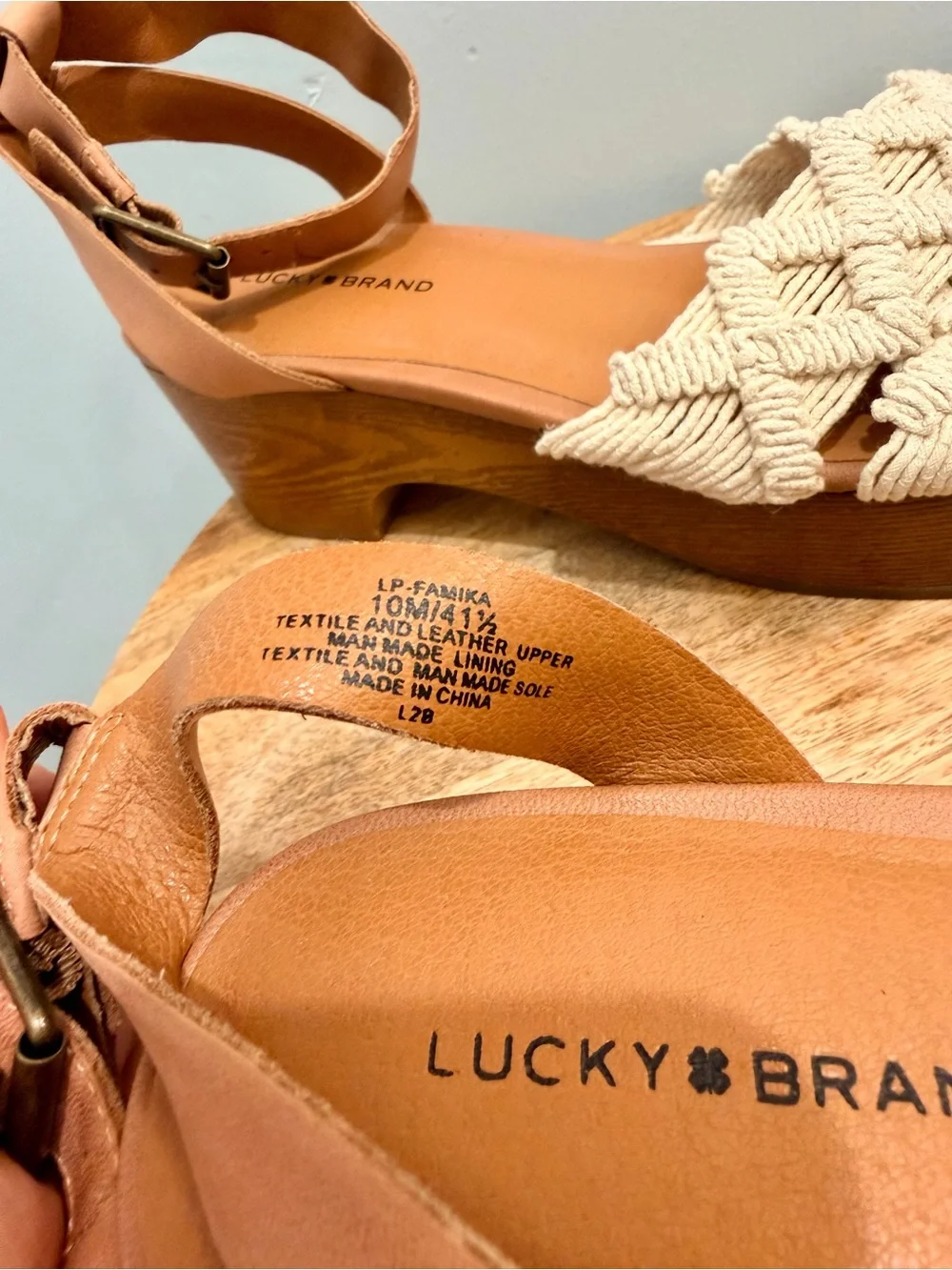 Lucky Brand Famika Woven Macrame Platform Heel Sandals Tan Cream Boho Size 10M